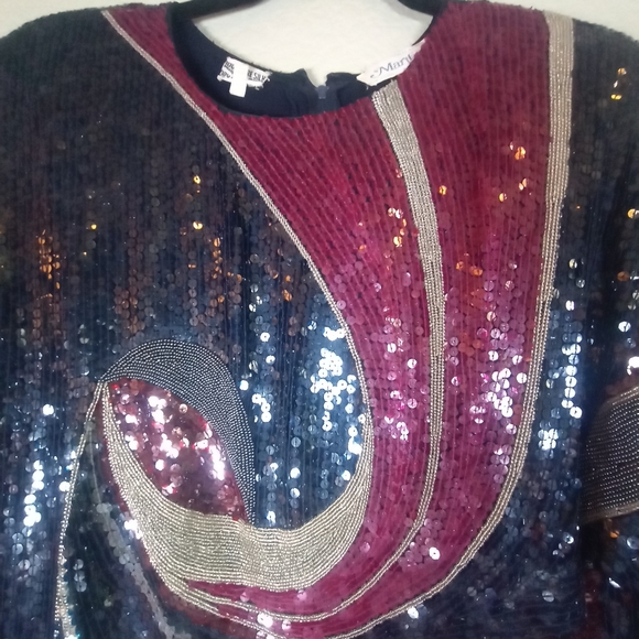 Vintage Martha Silk Sequined Beaded Blue Purple Silver Long Sleeve Midi Dress 10 - Picture 2 of 11